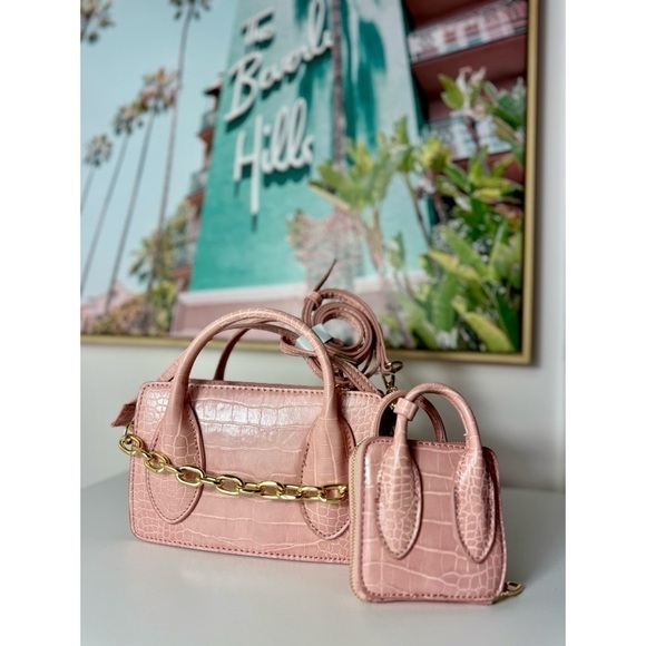 Zara Handbags - Zara Pastel Light Pink Croc Faux Leather Crossbody Mini Bag & Coin Purse Set